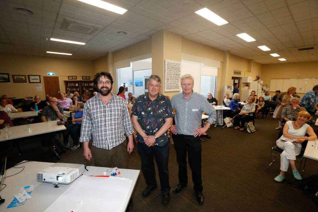 About 80 people attended a Warrnmabool forum for climate emergency declaration south west. Pictured are environmental consultant Corey Watts, member of south west climate action group Geoff Rollinson and Argiculture Victoria representative Graeme Anderson. Picture: Mark Witte