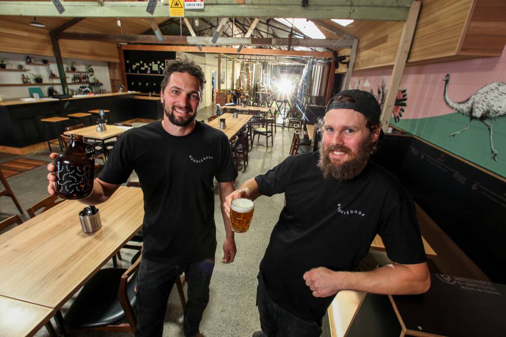 OPEN FOR BUSINESS: Sam Rudolph and Alex Carr have opened the doors to their brewery 'Noodledoof' in Koroit's main street. Picture: Rob Gunstone