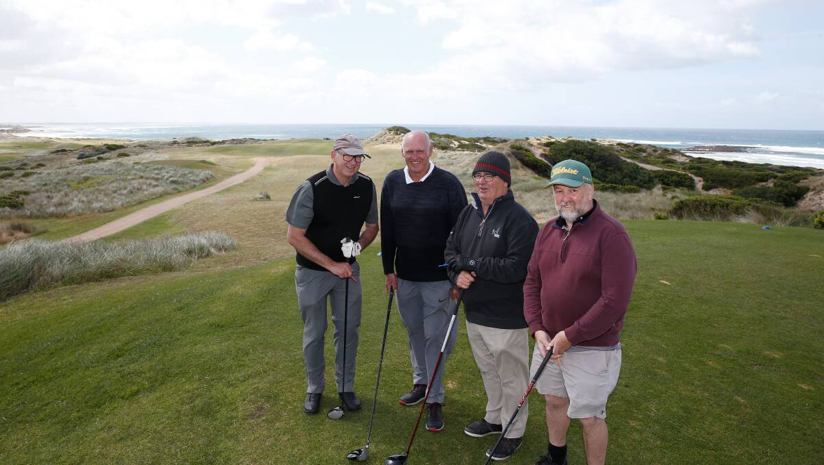 Golfer's Stuart Smith, Allan Sullivan, Peter Keane and Gary Thomson at Port Fairy's 14th hole. Picture: Mark Witte