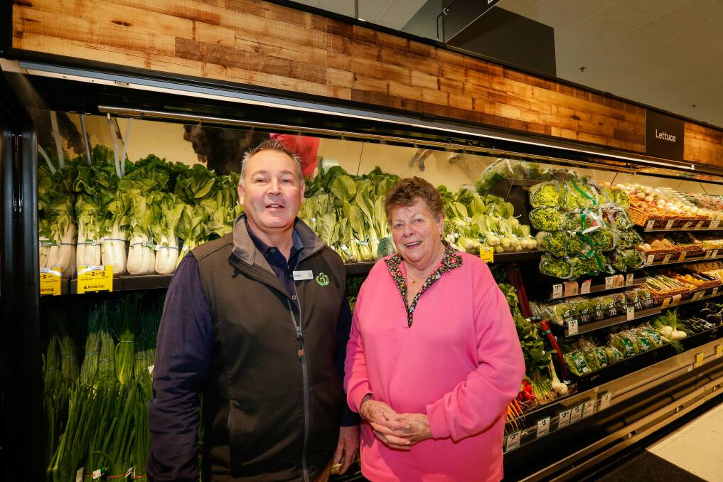 Brand new: Woolworths Warrnambool store manager Norm Whiting and long time customer Merrill Hose at the opening of the supermarket refurbishment. Picture: Anthony Brady