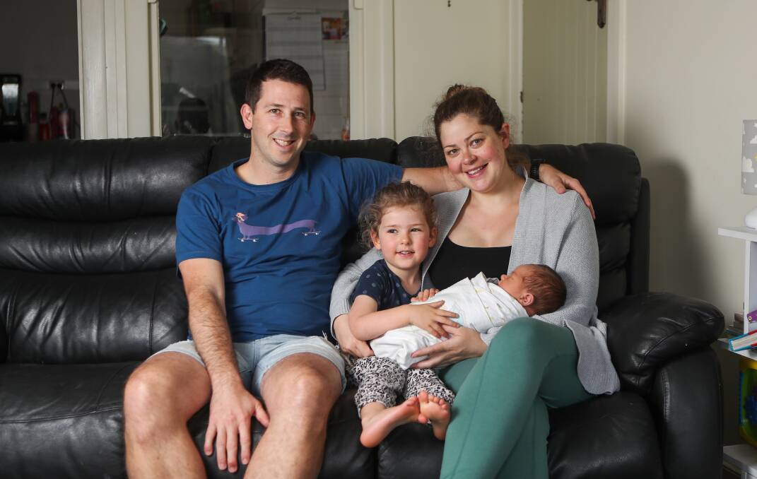 SPURRED INTO ACTION: Danny, Alanna and Phoebe Finn back home with baby Franklin, after his quick entrance into the world on Monday night. Picture: Morgan Hancock