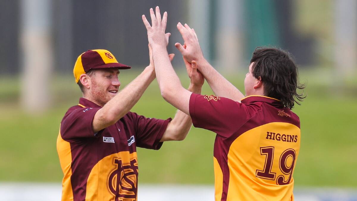READY TO GO: Nestles' Brendan Chatfield and Chris Higgins celebrate a wicket last season. They will play newly-merged club Allansford-Panmure in round one. Picture: Morgan Hancock