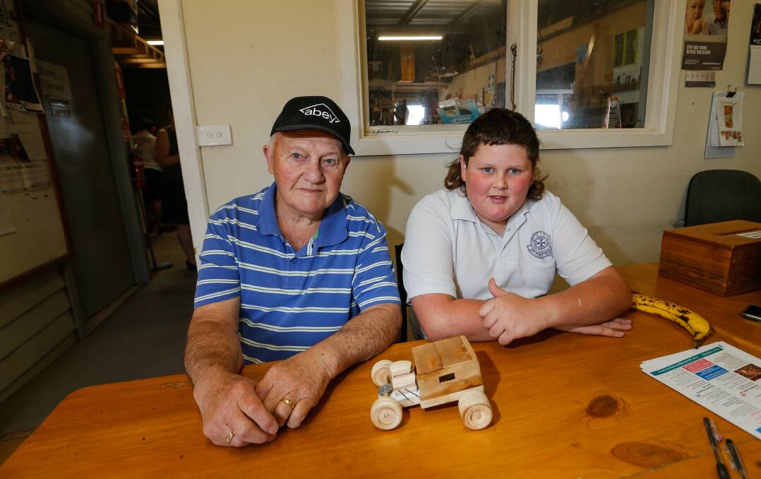 STRONG BOND: Les Donald has enjoyed helping Archie O'Dwyer hone his woodwork skills at the men's shed. Picture: Anthony Brady
