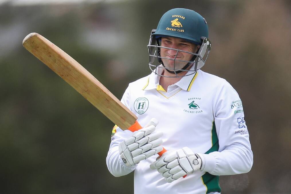 BIG TON: Bookaar's Fraser Lucas scored his first century since the 2015-16 season on Saturday. Captain Tim Fitzgerald praised the all-rounder after he hit an ubeaten 106. Picture: Morgan Hancock