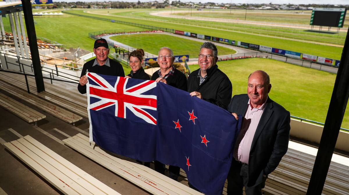 KIWI CONNECTIONS: Neil O'Dowd, Aila Casey, Ian Wallace, Tom O'Connor and Nick Rule with the New Zealand flag ahead of the Jericho Cup. Picture: Morgan Hancock