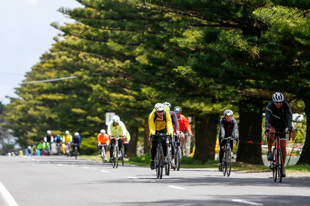 ON THEIR BIKES: Riders make their way into Port Fairy as part of the Great Victorian Bike Ride. Picture: Morgan Hancock