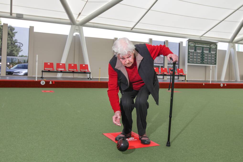 BACK ON THE GREEN: Phyliss Hartley had a ball trying out the new facilities at City Memorial Bowls Club on Wednesday. Picture: Rob Gunstone
