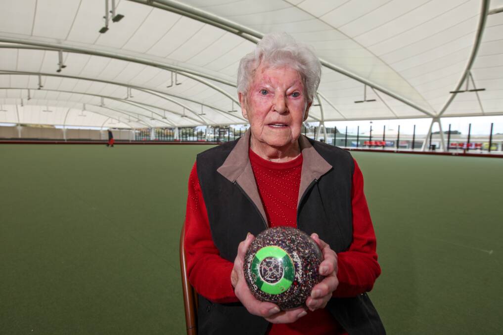 LATE BIRTHDAY TREAT: Phyllis Hartley enjoys trying out the new facilities at City Memorial Bowls Club. Picture: Rob Gunstone