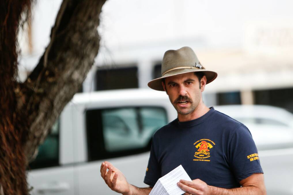 CALLING FOR CHANGE: Warrnambool firefighter Paul Chapman talks at a school climate change strike in Warrnambool. Picture: Anthony Brady