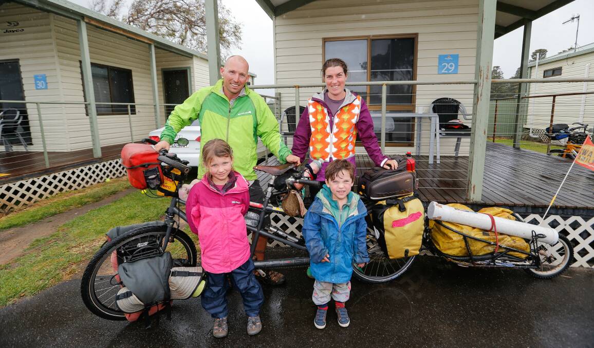 GREAT ADVENTURE: Andrew and Nicola Hughes and their children Hope, 5, and Wilfrid, 4, stayed in Warrnambool on the last days of their year-long tandem bike adventure. Picture: Anthony Brady
