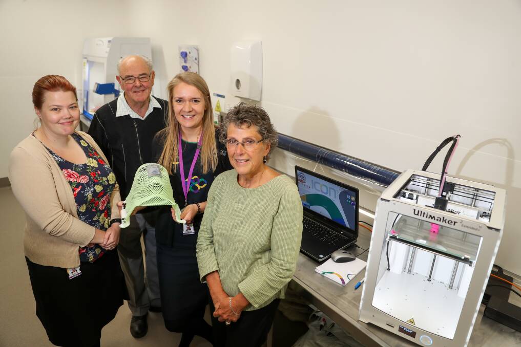 Technology: Medical physicist Virginia Drumm, Vern Robson, radiation therapist Rebecca Brooks and Peter's Project director Vicki Jellie next to the 3D printer. Picture: Morgan Hancock