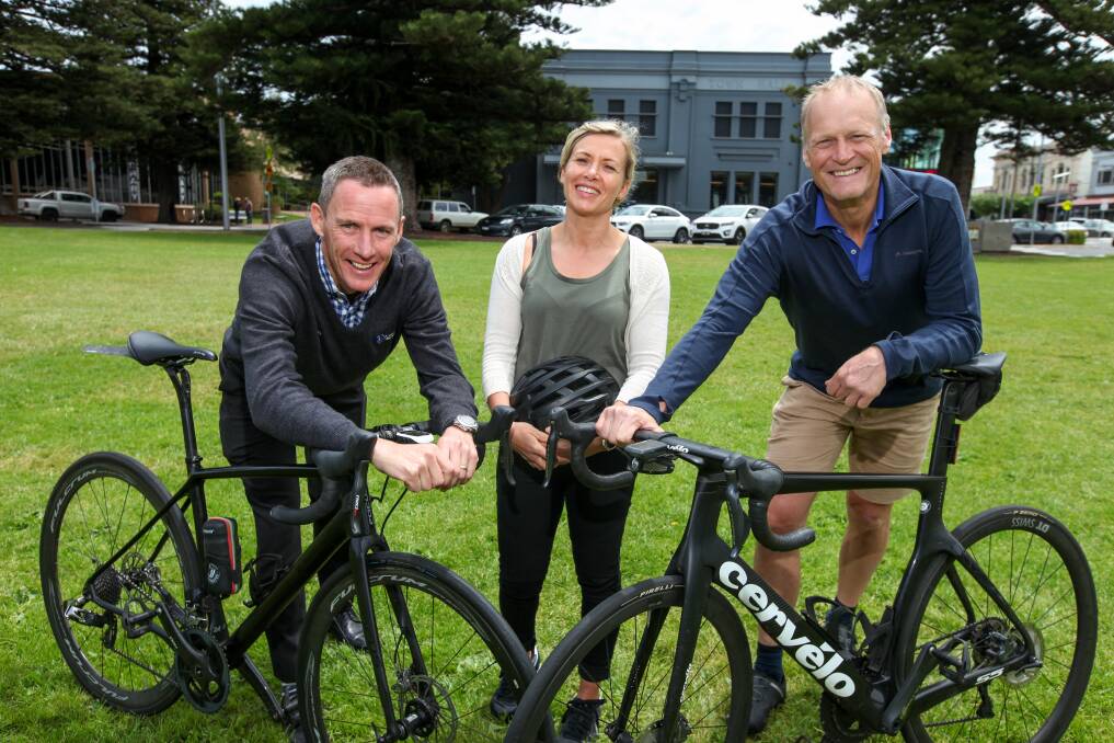 Smile for miles: Cyclists Steve Callaghan, Natasha Cross and Shane Wilson will join a group riding from Warrnambool to Melbourne to help raise money for Warrnambool charity Big Life. Picture: Rob Gunstone