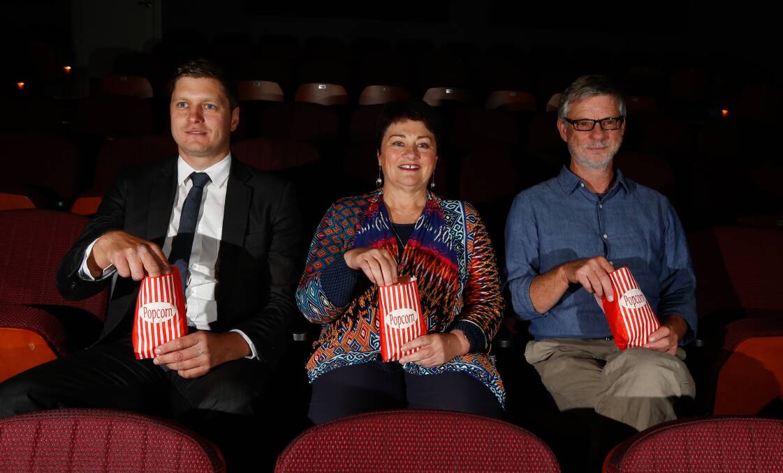 THRILLED: Moyne Shire mayor Daniel Meade, Heather Reardon and Port Fairy Film Society president David Digby at the Reardon Theatre refurbishment opening. Picture: Mark Witte