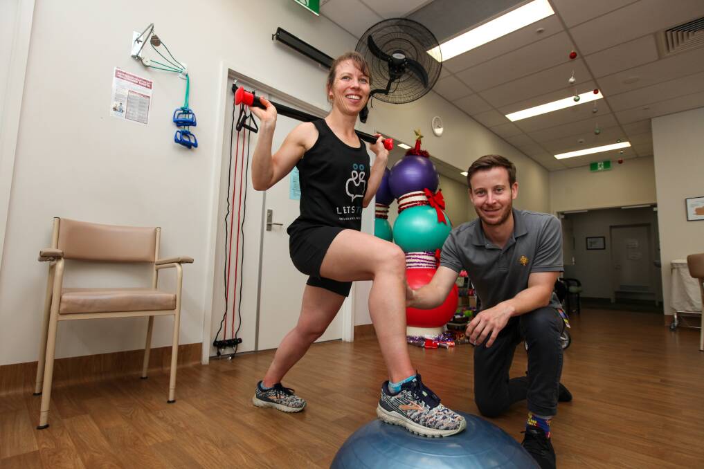 Recovery: Physiotherapist and patient Karen Benson tests out her ACL after opting for treatment with exercise physiologist Steve Baudinette rather than surgery. Picture: Rob Gunstone