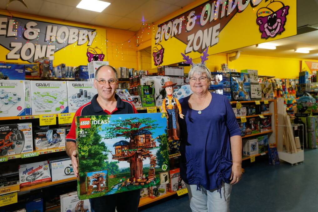 GIFT IDEA: Warrnambool Toyworld owners Peter and Maree Sedgley with some popular Christmas gifts. Picture: Anthony Brady