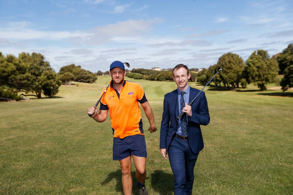 Big day: Warrnambool's Trent Anderson and Sam McCosh are doing a 72-hole golf marathon for a Cancer Council fundraiser on Friday. Picture: Anthony Brady