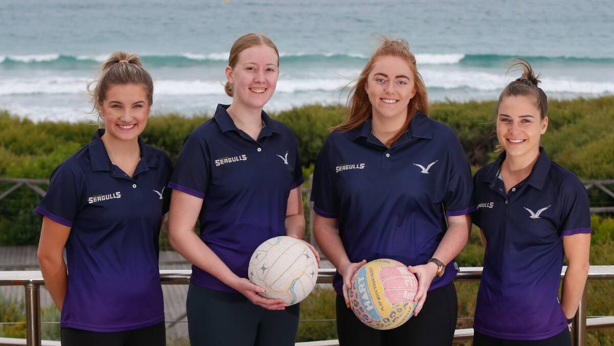 By the beach: Port Fairy Seagulls' recruits Olivia Cautley, Tara Elliott, returning player Emily Forrest and recruit Hilary Opperman. Picture Mark Witte