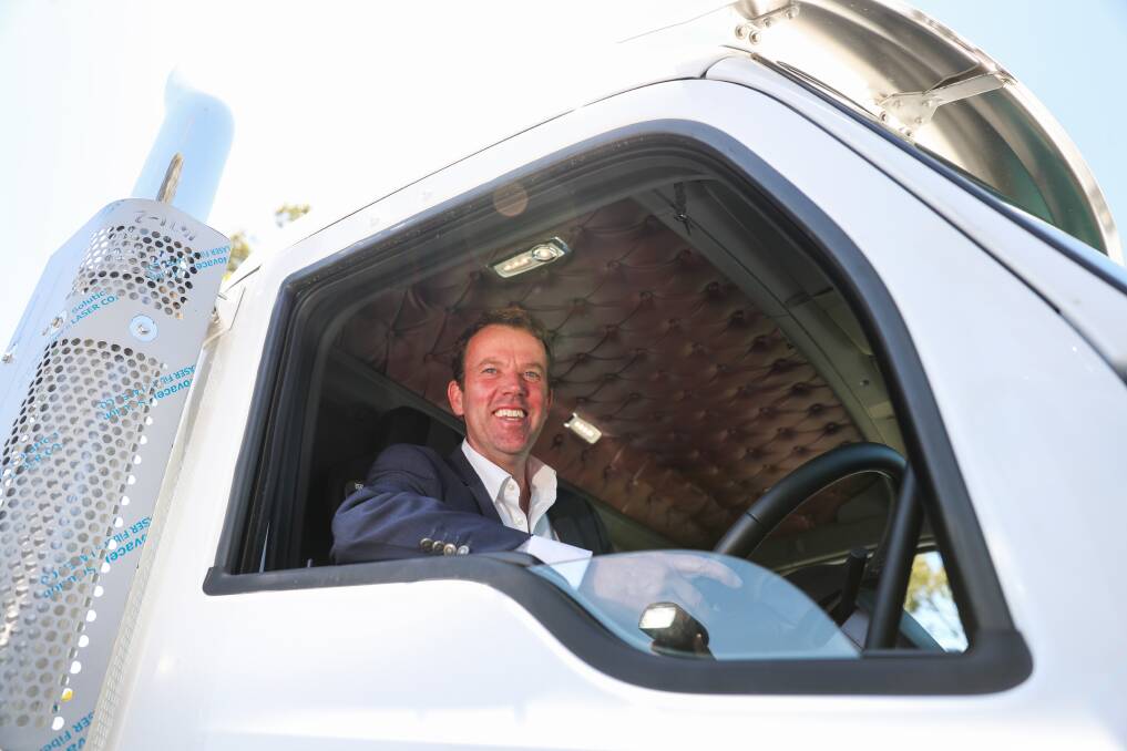 WAY OF FUTURE: Dan Tehan sits in a truck at Deakin University Warrnambool, where there are plans for a fuelling station for hydrogen powered trucks and buses. Picture: Morgan Hancock