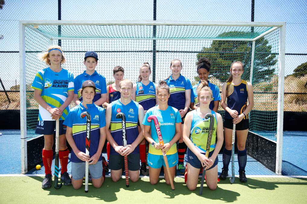 Special guest: Hockeyroo Sophie Taylor (front second from right) with South West Academy of Sport and Limestone Coast Regional Sporting Academy athletes at Warrnambool District Hockey Association field. Picture: Mark Witte