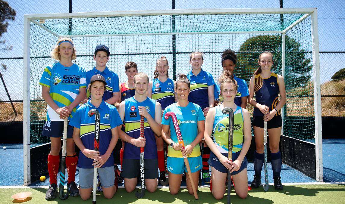 Special guest: Hockeyroo Sophie Taylor (front second from right) with South West Academy of Sport and Limestone Coast Regional Sporting Academy athletes at Warrnambool District Hockey Association field earlier this year. Picture: Mark Witte