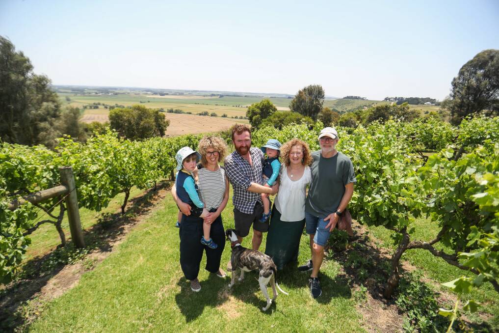 Keayang Maar vineyard owners Barry and Bernadette Wurlod (right), with their son Jerram and daughter-in-law Caitlin and children Archie, 3, and Wren, 2. Picture: Morgan Hancock