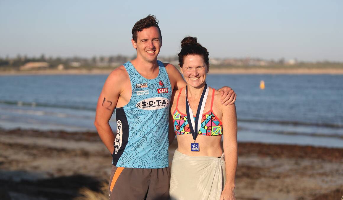 Welcome home: Men's winner Matt Billington and women's winner Georgia Page enjoyed success at the aquathon criterion on Friday evening. They are both originally from Warrnambool. Picture: Mark Witte