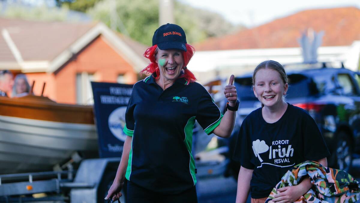Koroit Irish Festival president Adele MacDonald and her daughter Bailey parading at the Moyneyana Festival in Port Fairy. Picture: Anthony Brady