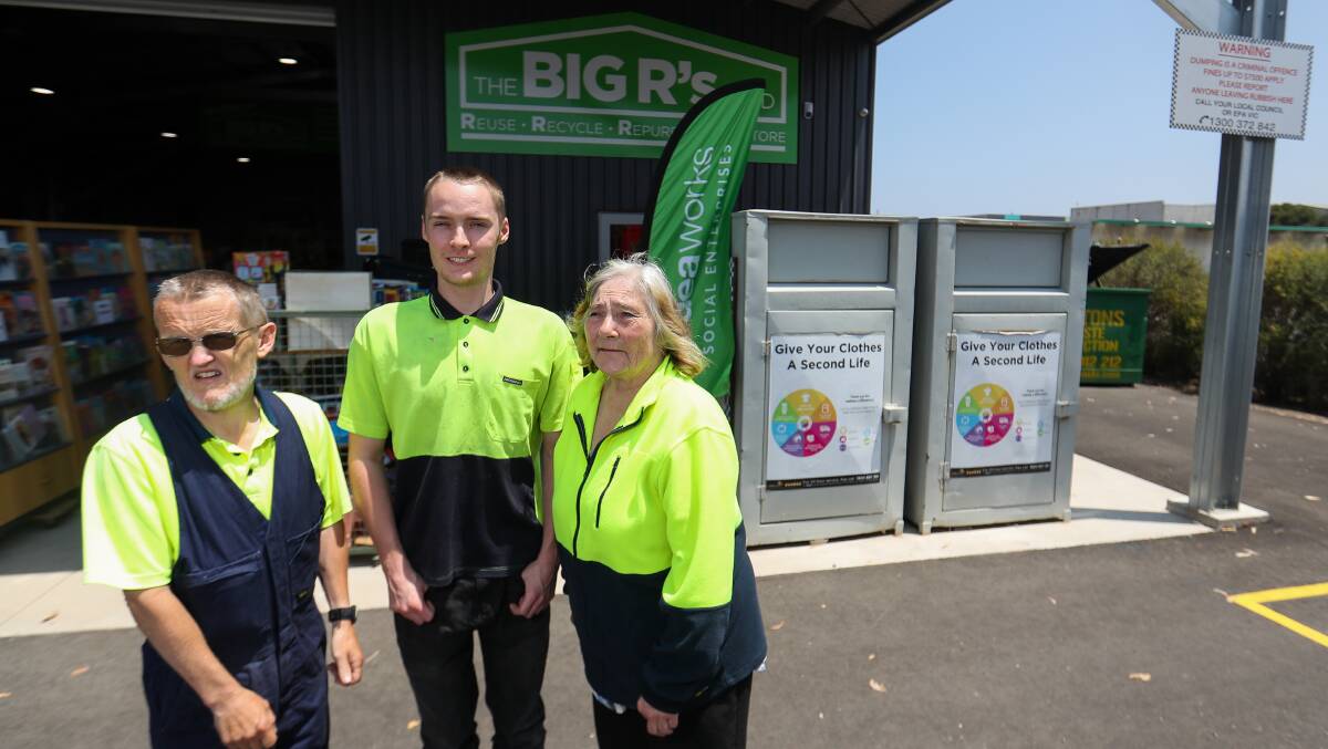DON'T: WDEA workers Simon Carter, Tyler Bushell and Janet Bannam aren't happy with people dumping rubbish in their charity donation bins. Picture: Morgan Hancock
