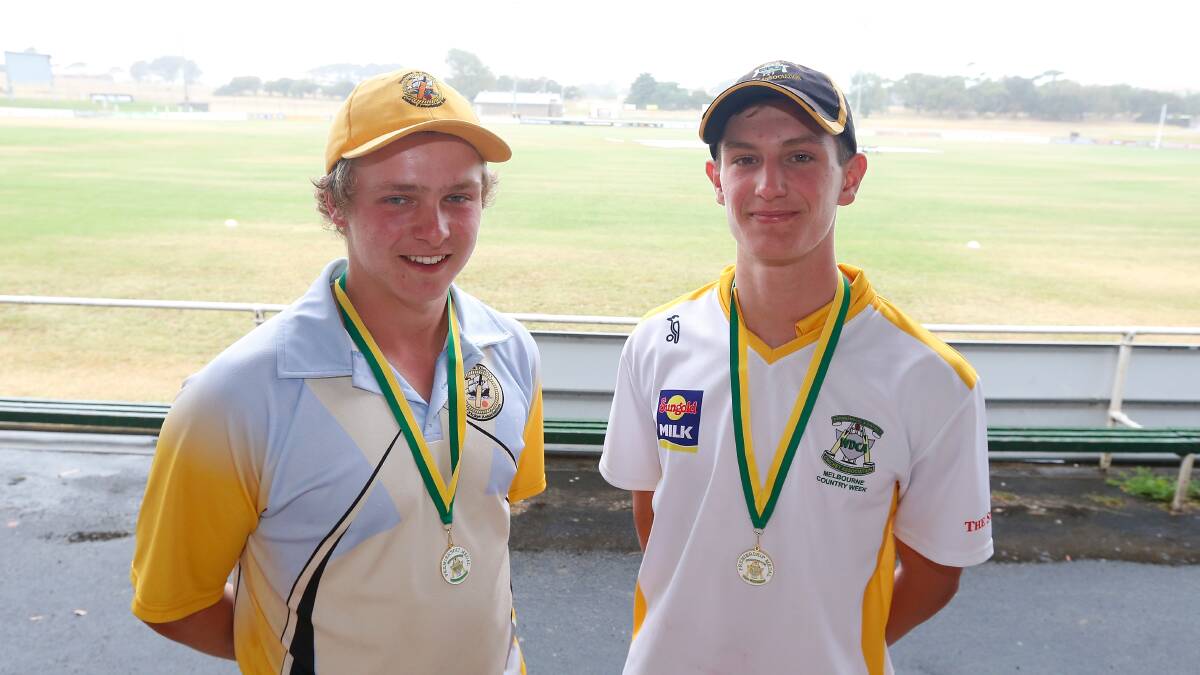 Young guns: Winner of pool two player of the week Portland and District Cricket Association's Lachie Warburton, 16, and pool one winner Warrnambool Gold's Fletcher Cozens, 15. Picture: Mark Witte