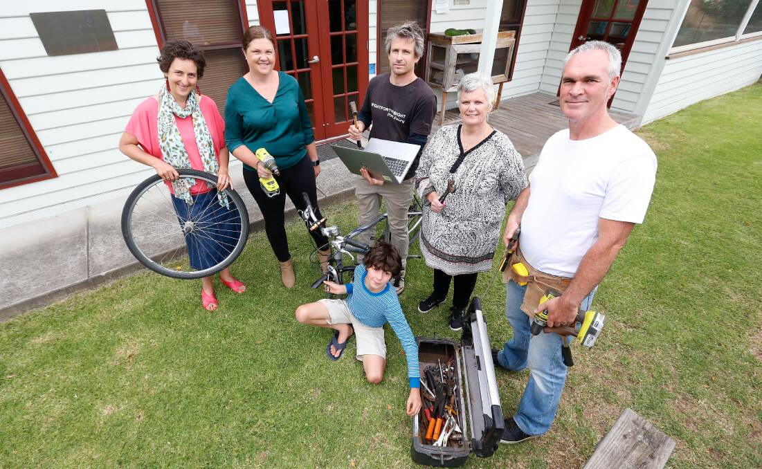 HELPING HANDS: Natasha Mills, Community House's Pam McGoldrick, Ben Druitt, Linda Hughes, Peter Mills and Dylan Mills, 10, are ready to launch The Repair Cafe in Port Fairy. Picture: Mark Witte