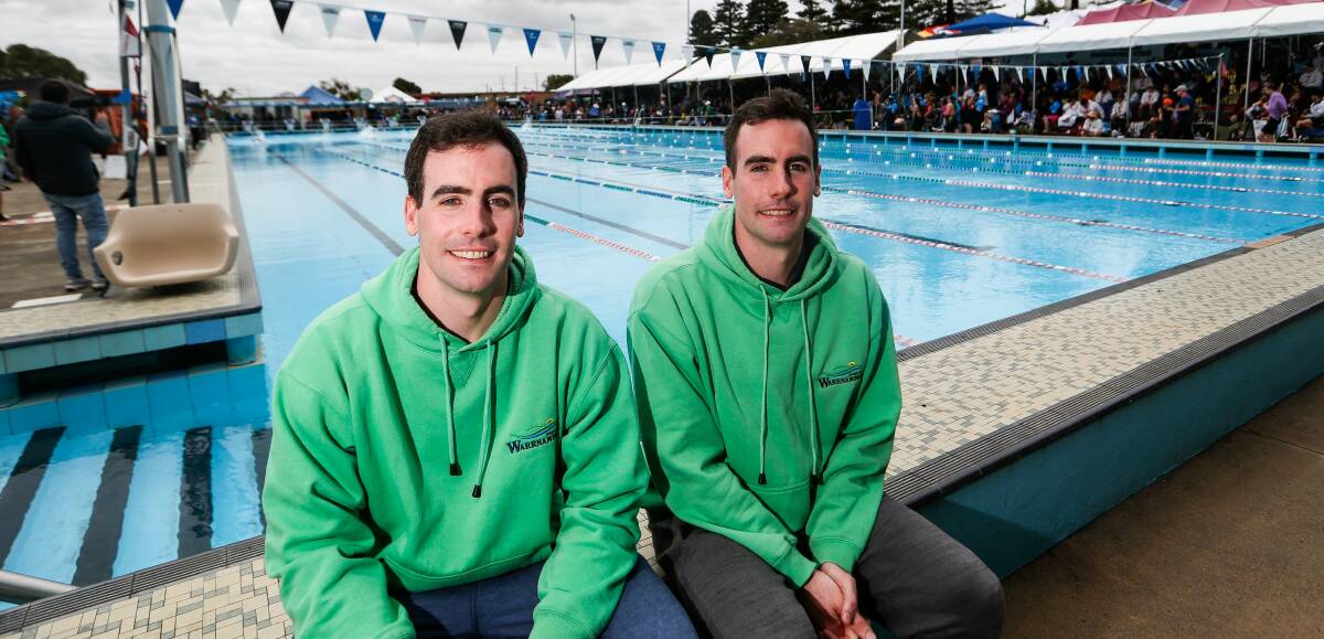 Pleased to be home: Warrnambool Swimming Club twins Jack and Michael Paulka at the Swimming Victoria country long course championships in Warrnambool. Picture: Anthony Brady