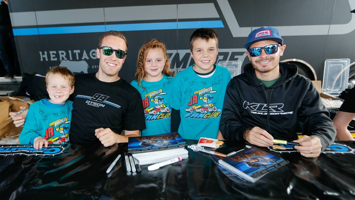 RACING ROYALTY: Fans Kodey, Isabella and Nate Crampton with Carson Macedo and Kyle Larson at Fan Appreciation Day. Pictures: Anthony Brady
