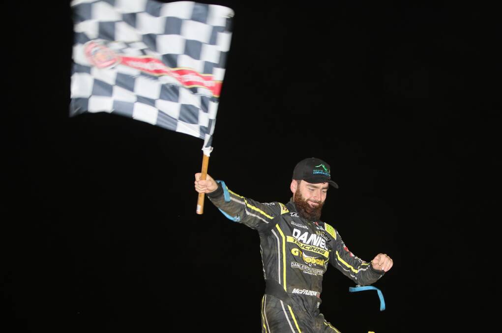 WHAT A WIN: Warrnambool driver James McFadden secured a triumph in the Jason Johnson Classic at Lake Ozark Speedway on Sunday. Picture: Morgan Hancock