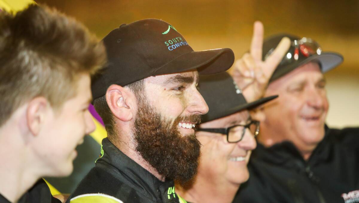 WINNING SMILE: James McFadden celebrates with his team after claiming the 2020 Grand Annual Sprintcar Classic. Picture: Morgan Hancock
