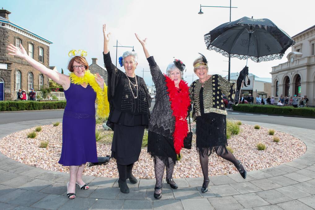 Colourful start: Adelaide's Adrienne Stafford, Jennifer Harris, Veronica Phillis and Carol Fowler are ready to represent the Southern Jazz Club in Port Fairy. Picture: Rob Gunstone