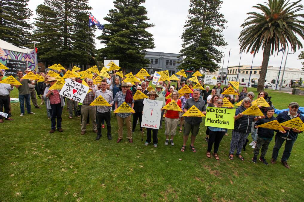 Shutting the gate: A small but passionate crowd gathered on Warrnambool's Civic Green to call for an extension to the onshore gas drilling moratorium in Victoria.