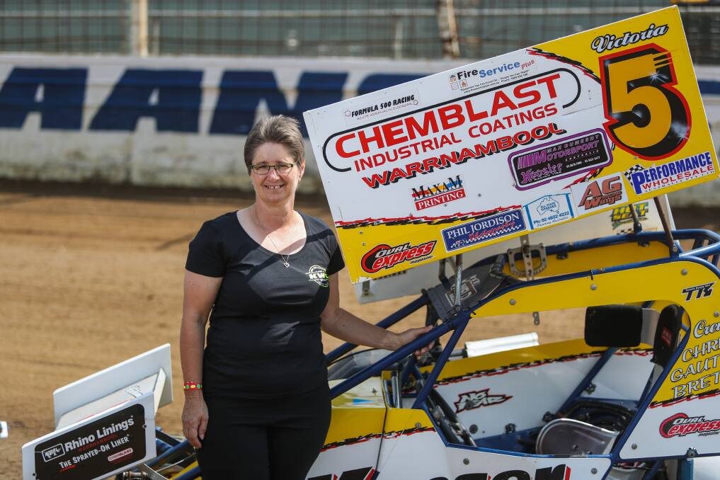 Special car: Cheryl Willsher poses with her husband Ken's Chemblast #5 at Laang Speedway, where the Ken Willsher Classic will be held. Picture: Morgan Hancock