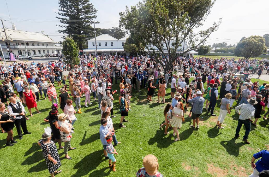 YEAR ON: The world record Charleston attempt at the 2020 Port Fairy Jazz Festival. Fewer people will be on Fiddler's Green this year. Picture: Morgan Hancock
