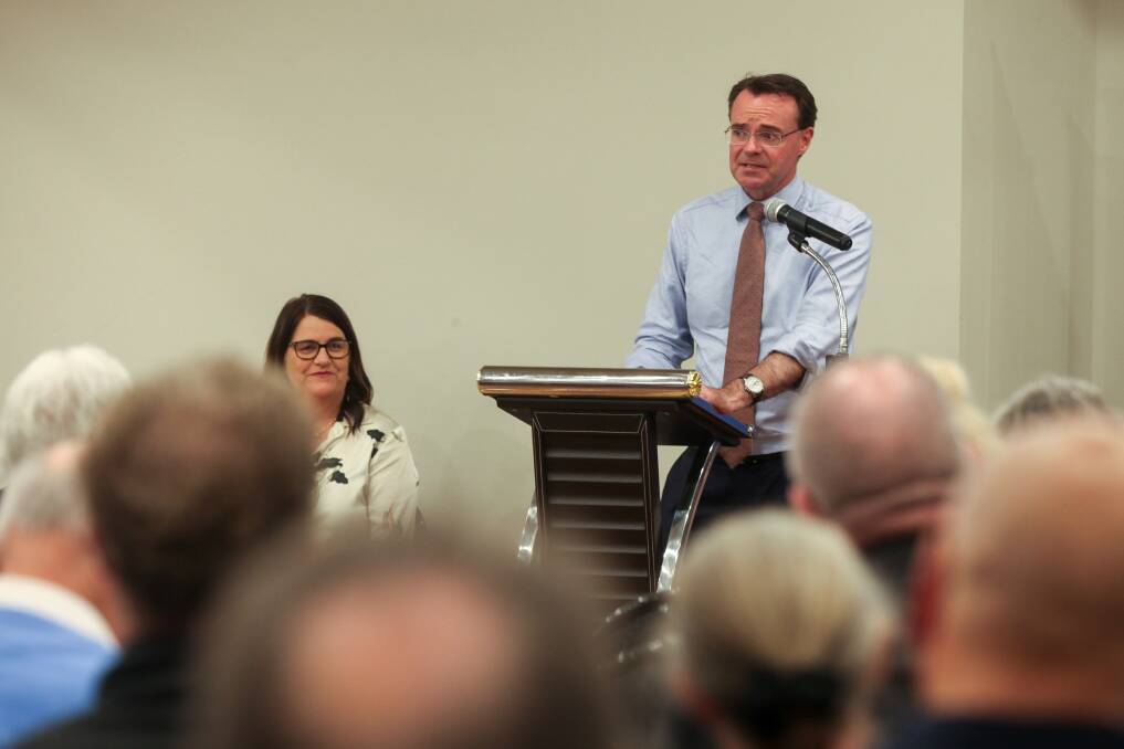 Flame on: State Liberal leader Michael O'Brien answers questions at the lectern during his listening tour stop in Warrnambool. Picture: Rob Gunstone