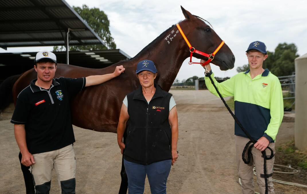 SET TO GO: Code Bailey with rider Jason Lee, trainer Marg Lee and part-owner Lochie Cook. Picture: Anthony Brady