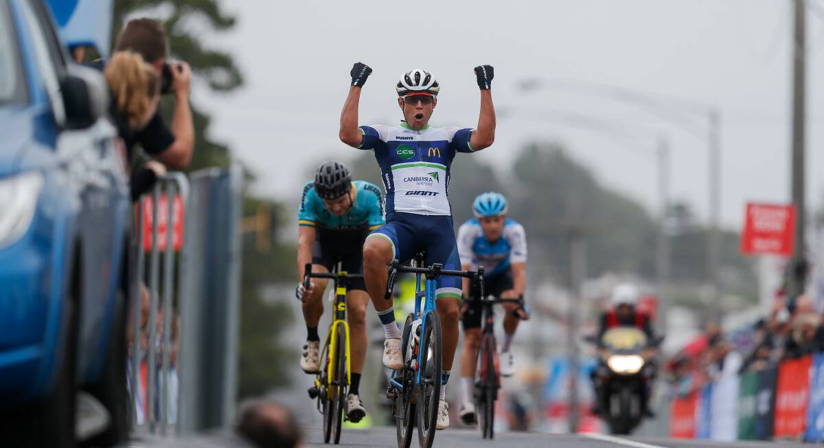 "WOO": Brendan Johnston celebrates as he crosses the line to claim the Melbourne to Warrnambool Cycling Classic. Picture: Anthony Brady