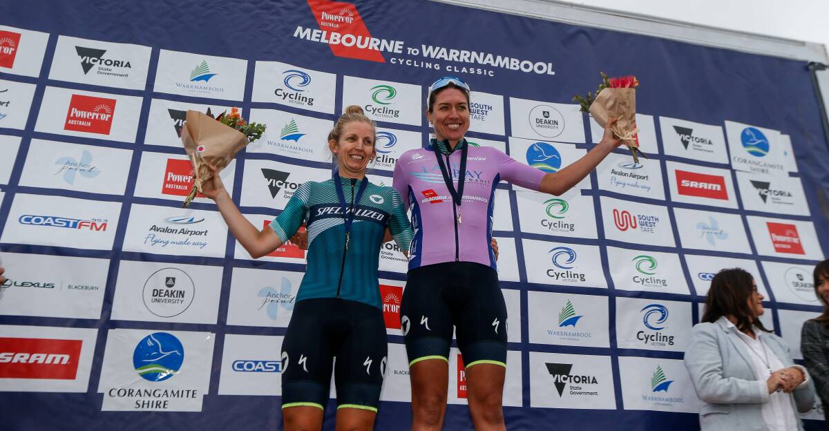 PODIUM: Taryn Heather and Matilda Raynolds celebrate on the podium. Kirsty Deacon had not finished the race at this stage. Picture: Anthony Brady