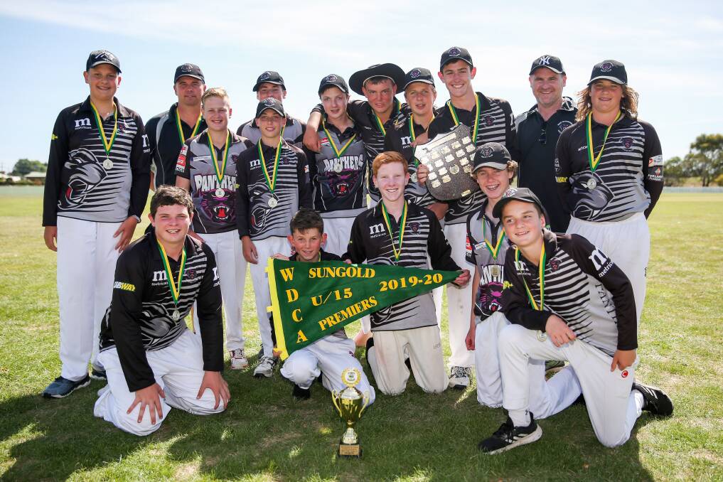 CHAMPIONS: West Warrnambool celebrates its under 15 premiership win on Sunday. The Panthers defeated Brierly-Christ Church by 35 runs. Picture: Morgan Hancock