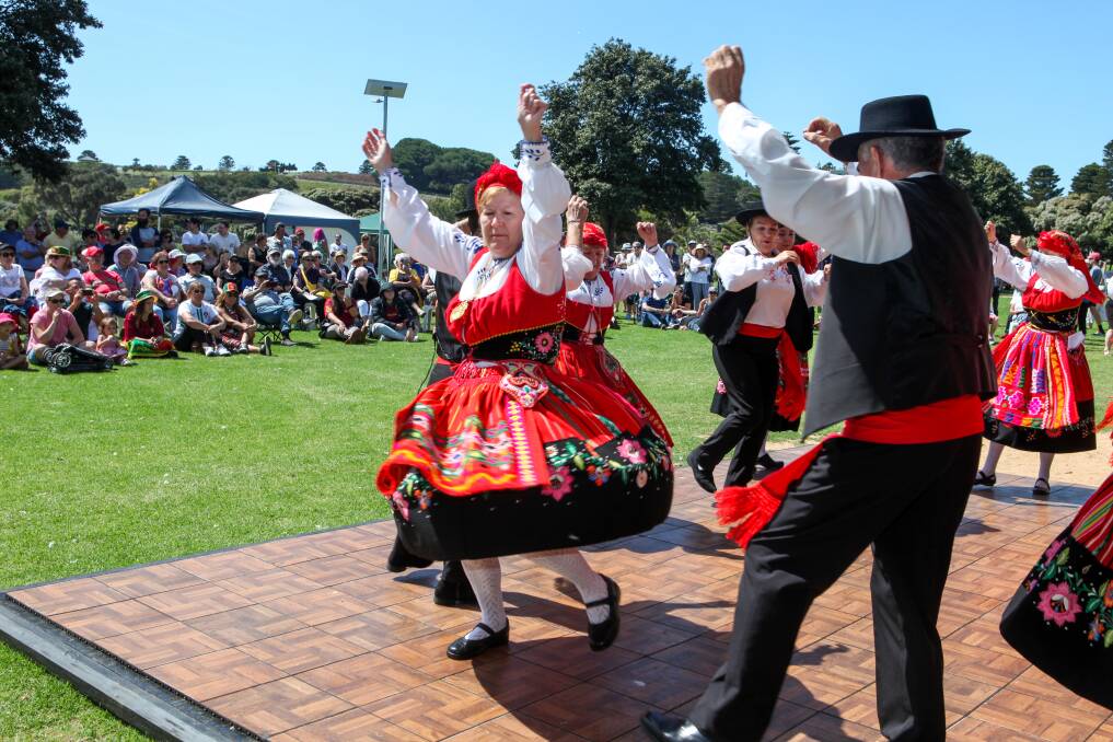 Colour and movement: Dancers perform in Portuguese national costume at Lake Pertobe. Picture: Rob Gunstone