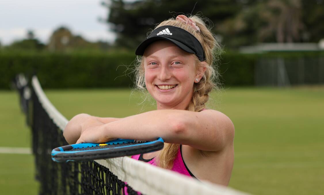 At the net: Hawkesdale's Eloise Swarbrick, 17, is considered one of the south-west's great hopes at this year's Warrnambool Lawn Open. Picture: Morgan Hancock