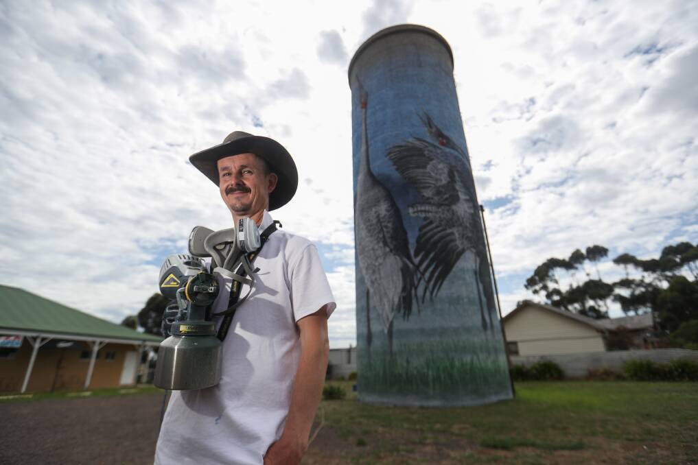 COMPLETED: Warrnambool artist Jimmi Buscombe has painted native animals on a water tower in Lismore. Picture: Morgan Hancock