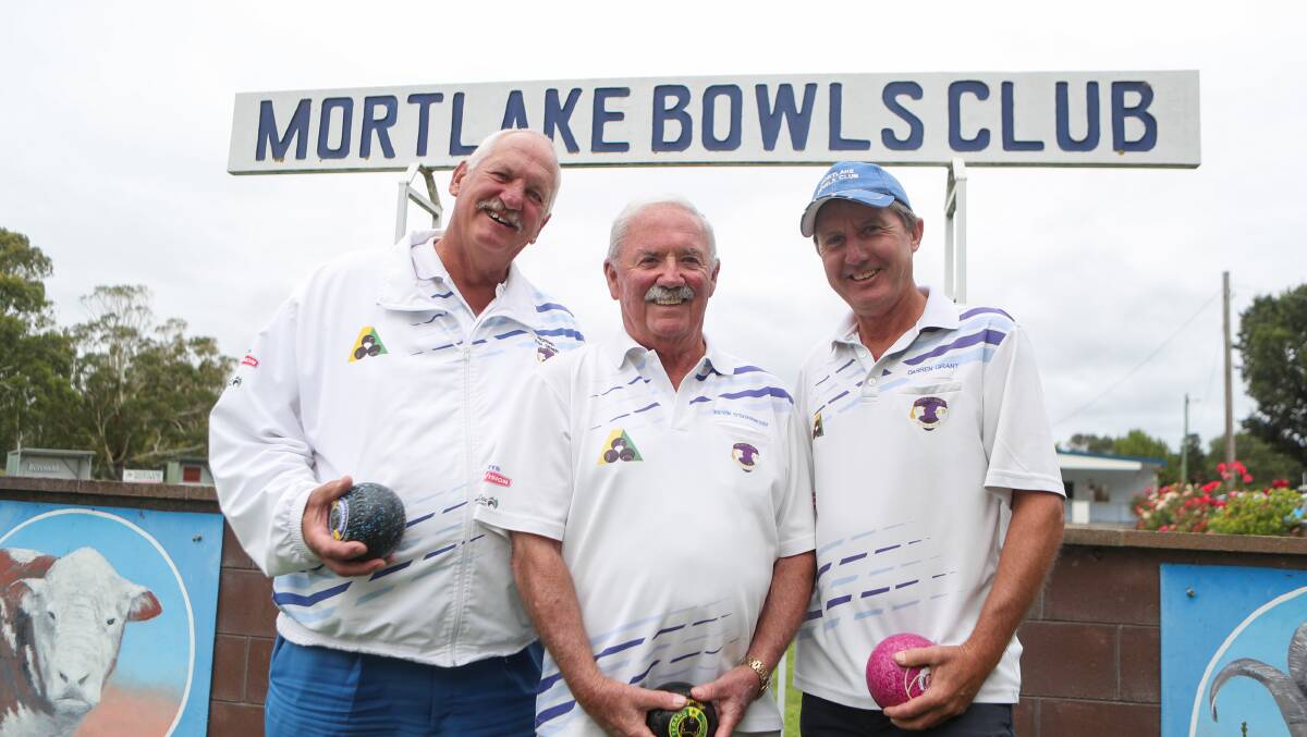 Mortlake bowlers Richard Van Diemen, Kevin O'Shannessy and Darren Grant. Picture: Morgan Hancock