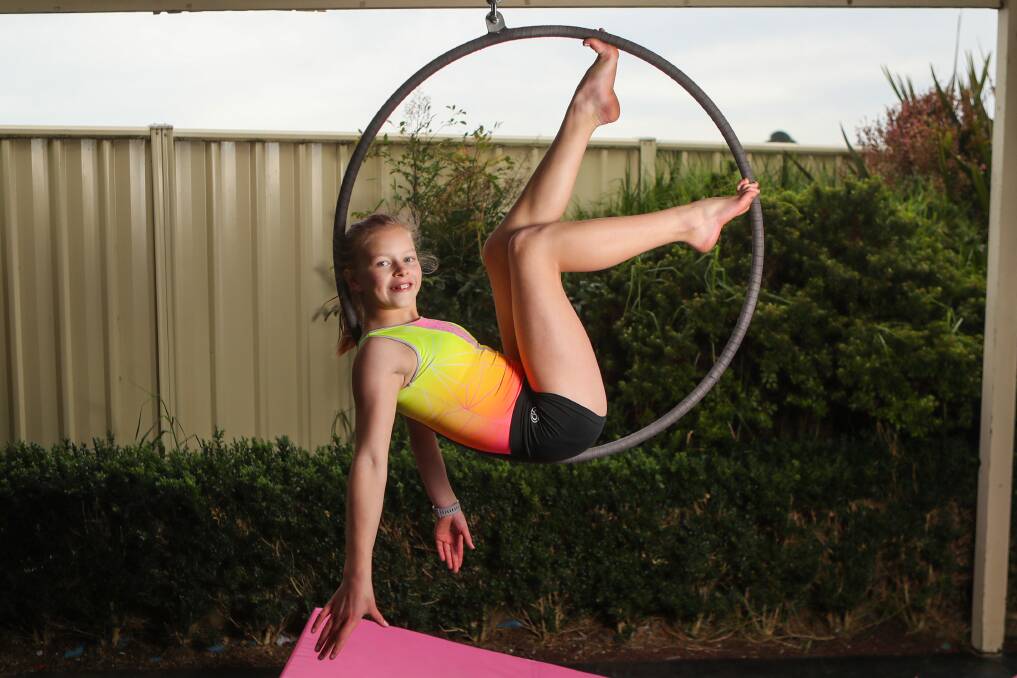 IN THE AIR: Chloe Mutton has set up her aerial hoop to continue practicing. Picture: Morgan Hancock
