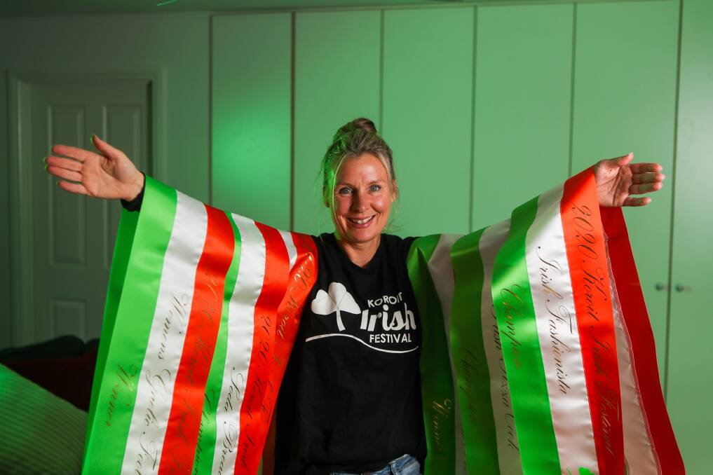 Irish spirit: Koroit Irish Festival President Adele MacDonald with all the sashes that people can win during this years virtual festival. Picture: Morgan Hancock