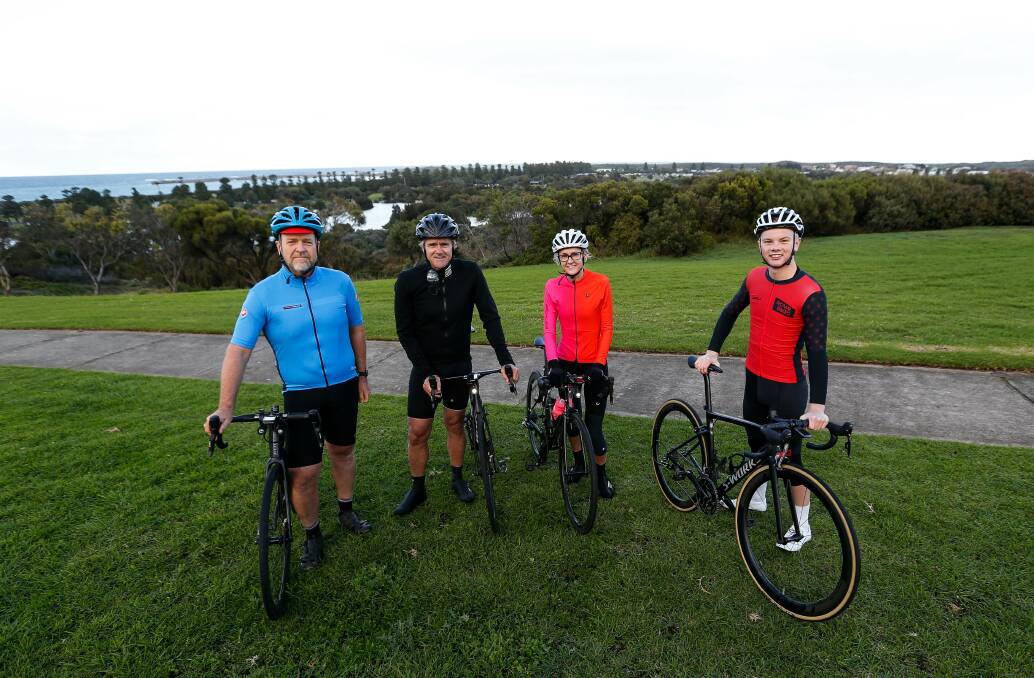 RIDING SOLO, AGAIN: Warrnambool Cycling Club members Richard Adams, Nigel Kol, Tracey Kol and Darcy Worrall will return to individual rides. Picture: Anthony Brady